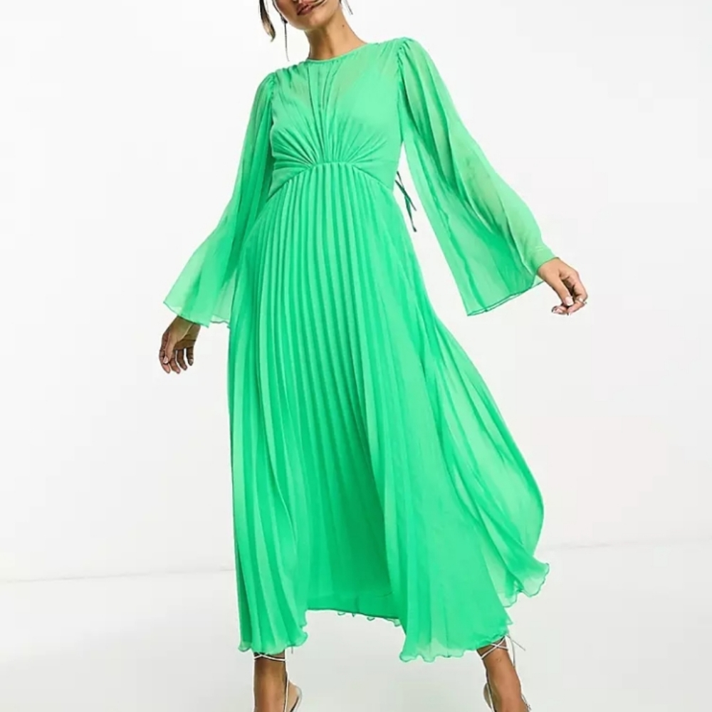 ASOS DESIGN tie back fluted sleeve pleated maxy dress 12 BRIGHT for Easter